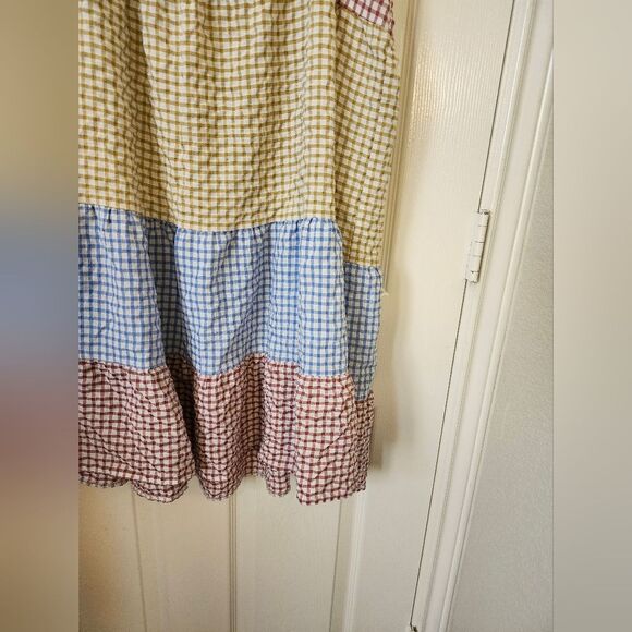 Boutique Gingham Blue Yellow Brown Plaid Ruffle Tiered Mini Dress XL - Picture 4 of 9